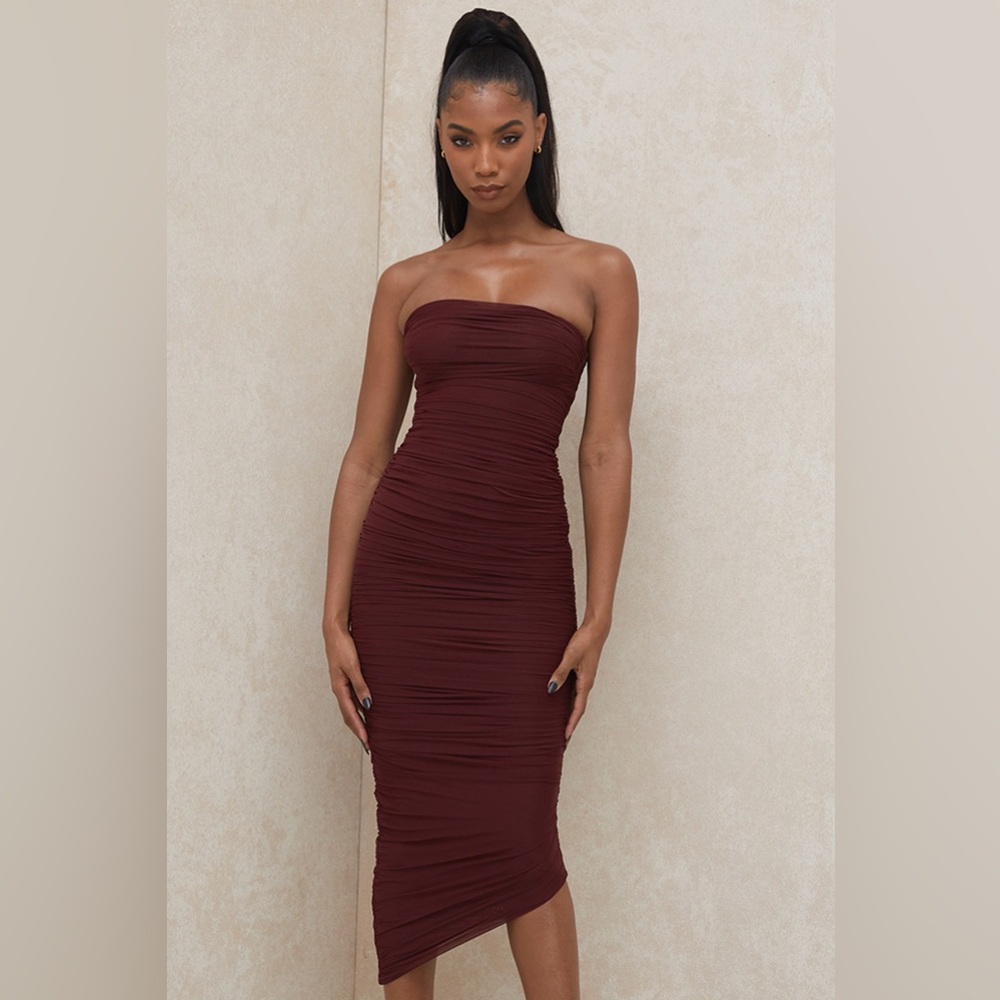 House of CB- Sasha - Strapless Ruched Midi Dress, Burgundy - Size S
